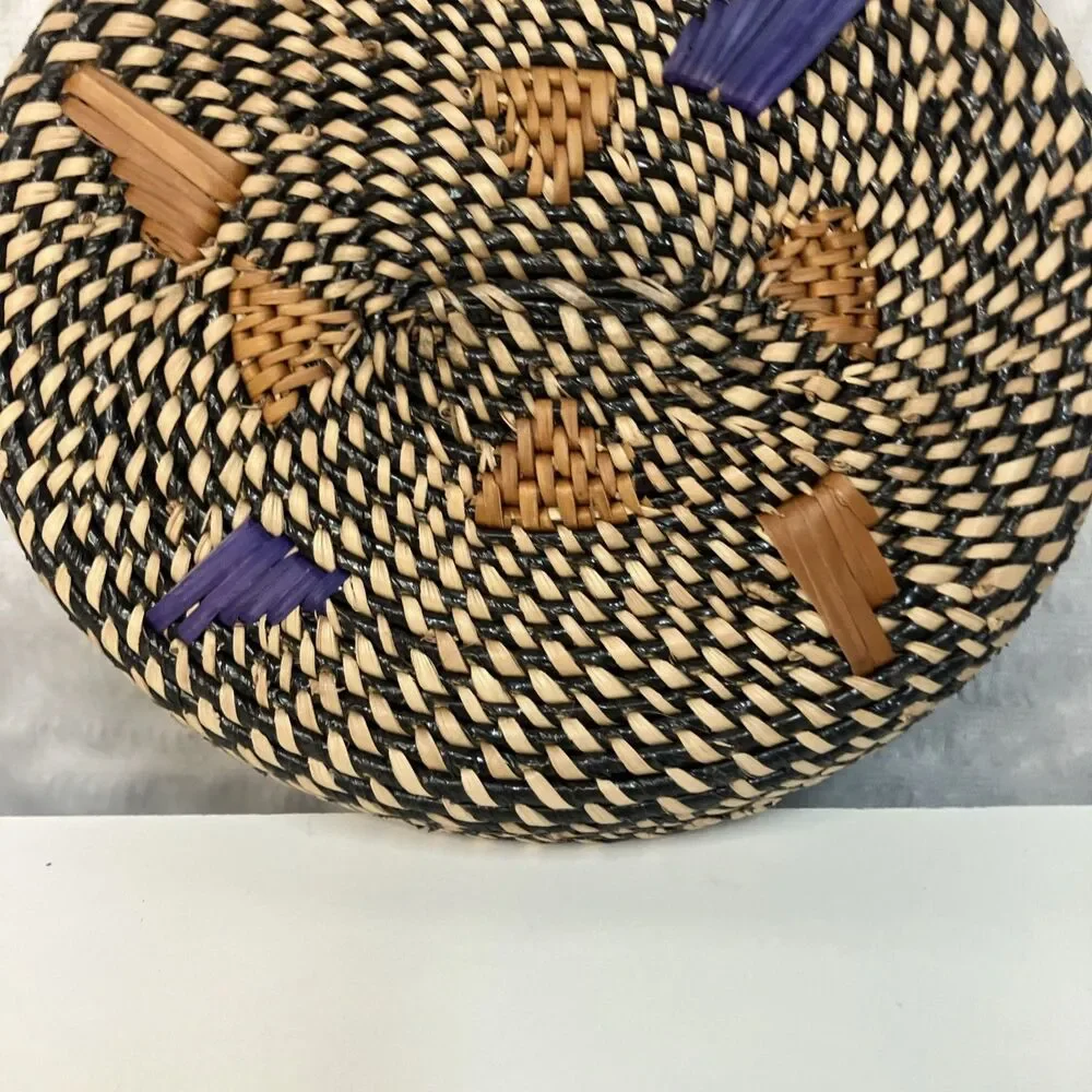 Handwoven African Raffia Basket Black & Natural Fiber Spiral Pattern Purple Tan